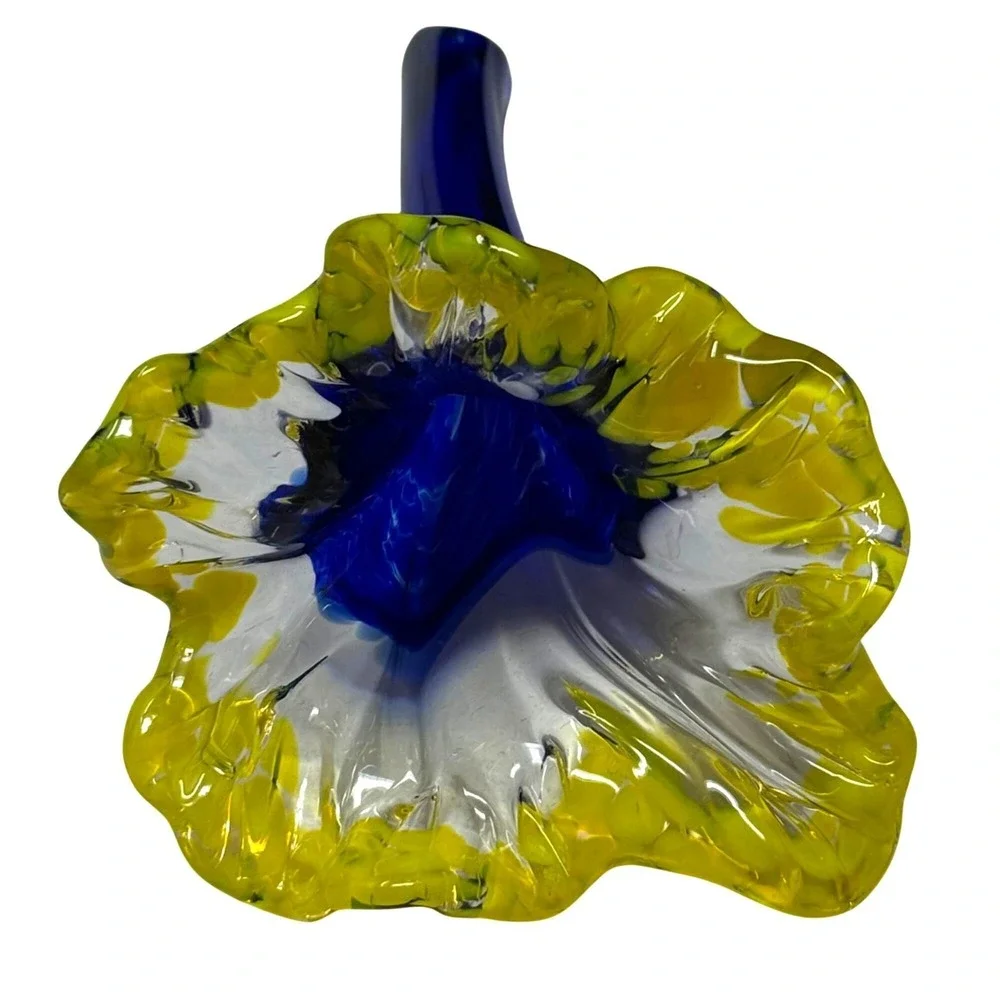 Hand Blown‎ Flower Glass Art Yellow Blue 8.5